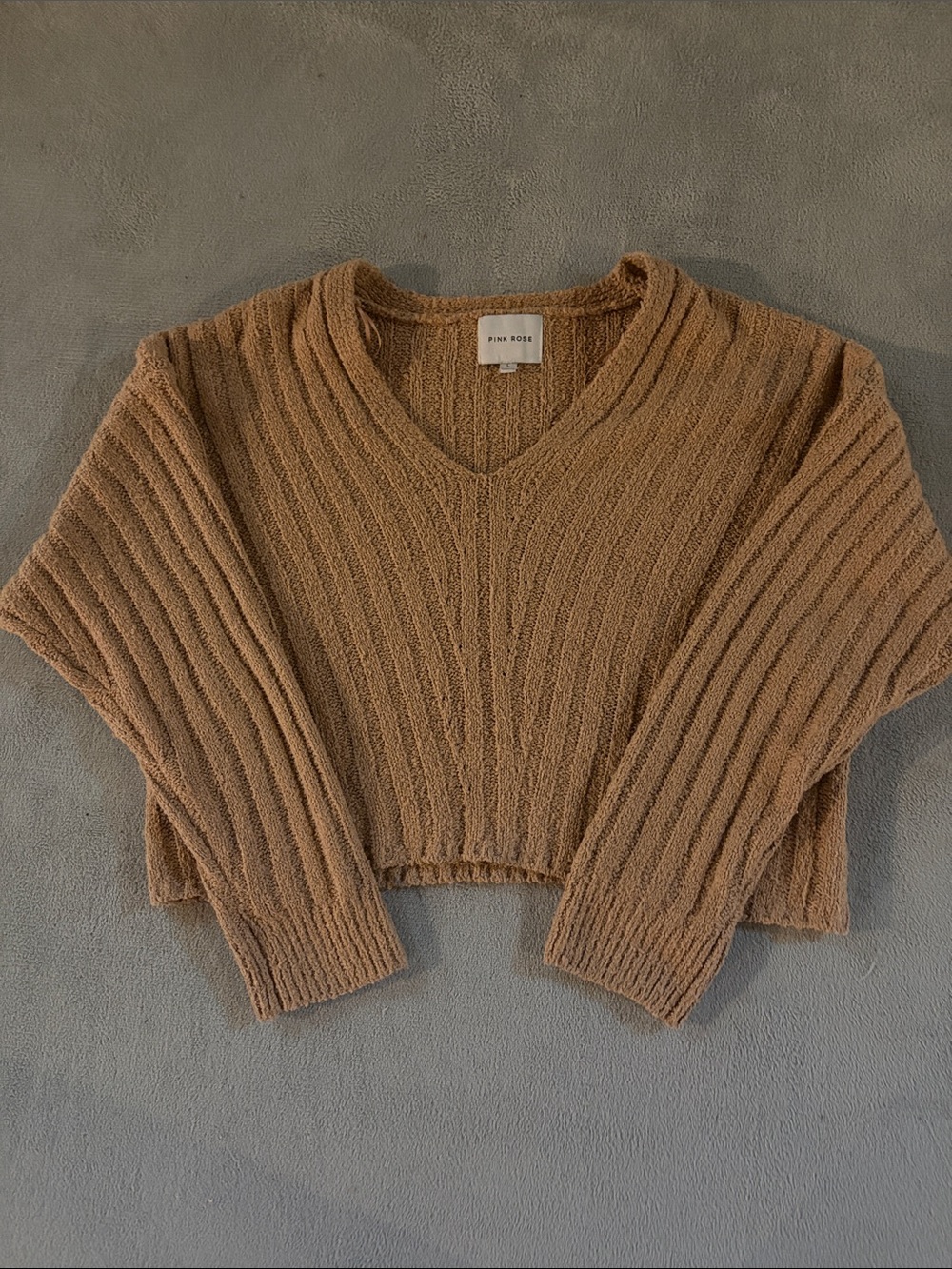 Pink Rose V-Neck Ribbed Cropped Sweater in Tan
